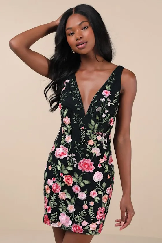 Soiree Blossom Black Floral Embroidered Bodycon Mini Dress sold by Lulus