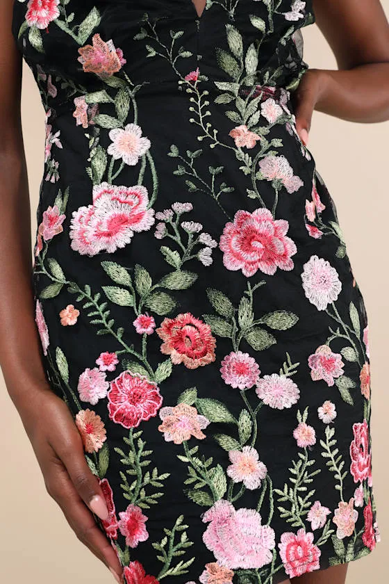 Soiree Blossom Black Floral Embroidered Bodycon Mini Dress sold by Lulus product image thumbnail 4