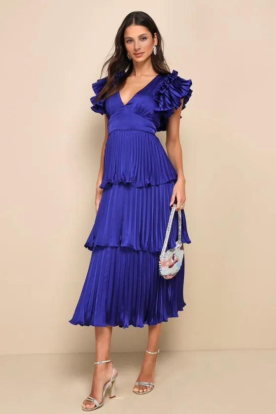 Stunning Desire Cobalt Blue Satin Pleated Tiered Midi Dress sold by Lulus