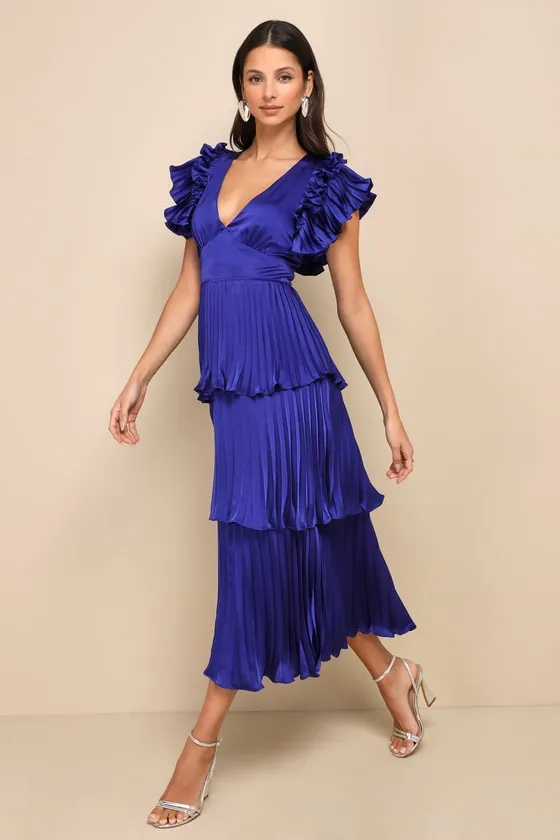 Stunning Desire Cobalt Blue Satin Pleated Tiered Midi Dress sold by Lulus product image thumbnail 2