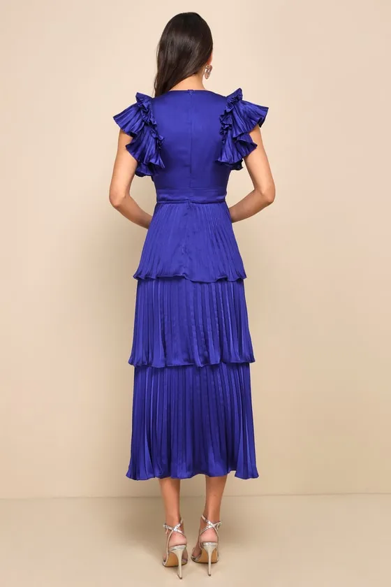Stunning Desire Cobalt Blue Satin Pleated Tiered Midi Dress sold by Lulus product image thumbnail 3