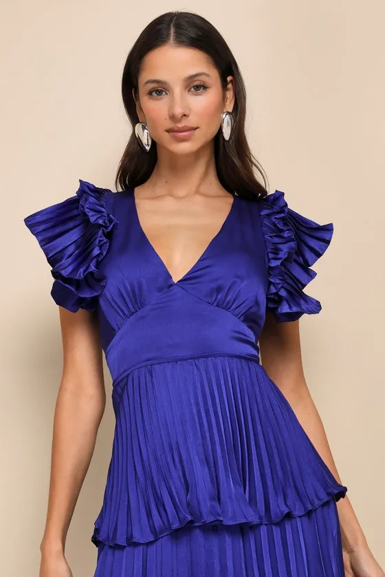 Stunning Desire Cobalt Blue Satin Pleated Tiered Midi Dress sold by Lulus product image thumbnail 4