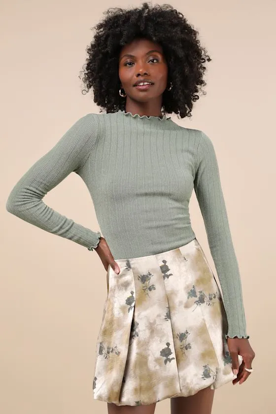 Darling Curation Olive Mottled Floral Bubble-Hem Mini Skirt sold by Lulus