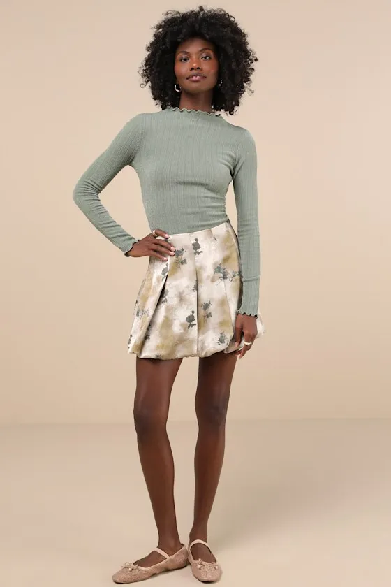 Darling Curation Olive Mottled Floral Bubble-Hem Mini Skirt sold by Lulus product image thumbnail 4