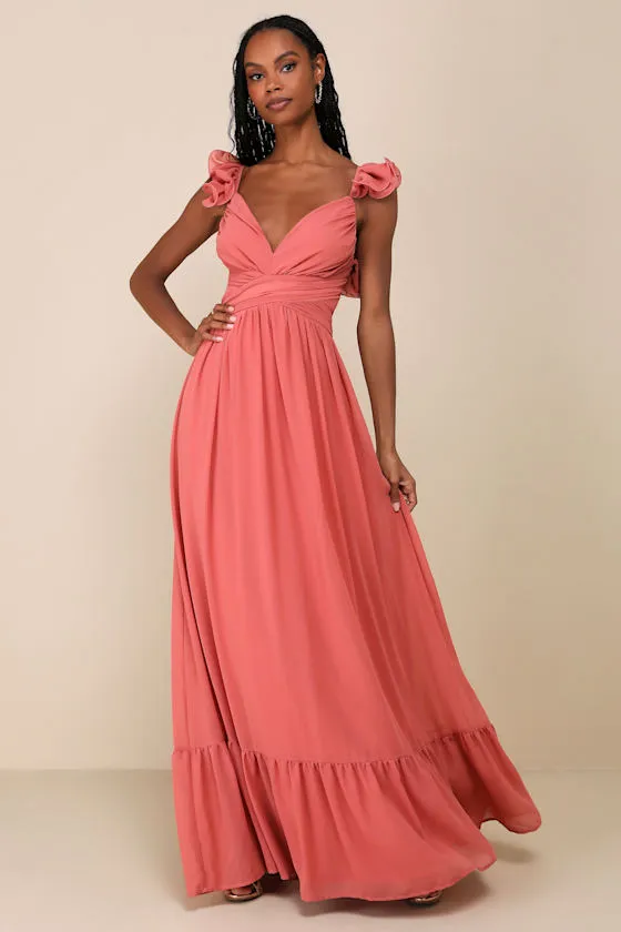 Soiree Celebration Rusty Rose Ruffled Lace-Up Maxi Dress sold by Lulus