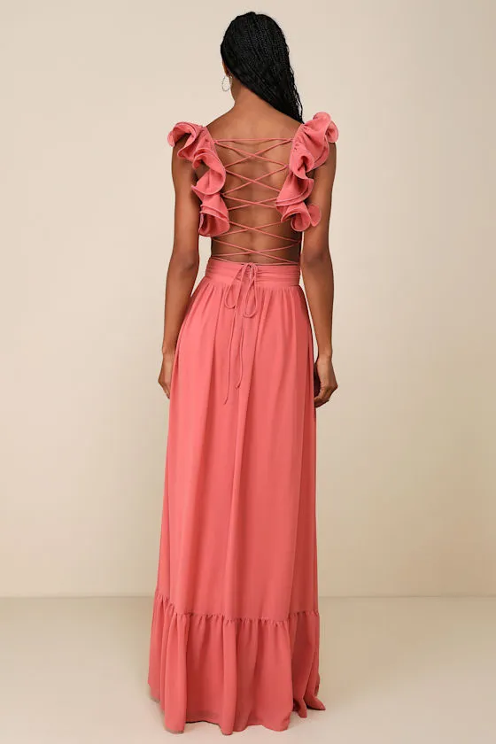 Soiree Celebration Rusty Rose Ruffled Lace-Up Maxi Dress sold by Lulus product image thumbnail 2