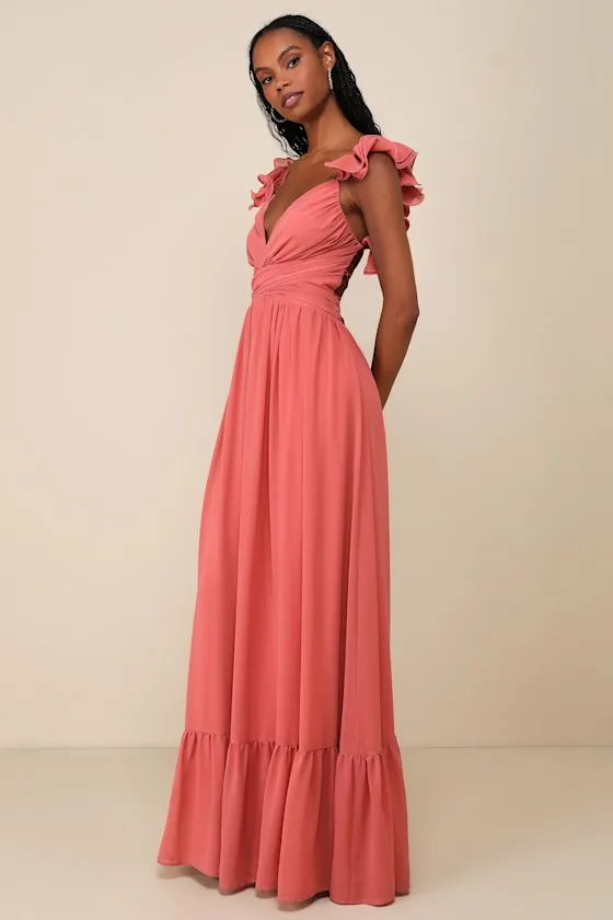 Soiree Celebration Rusty Rose Ruffled Lace-Up Maxi Dress sold by Lulus product image thumbnail 3