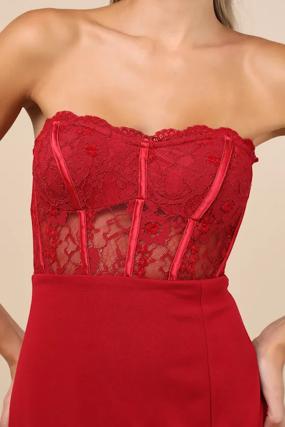 Exquisitely Sultry Wine Red Lace Strapless Bustier Midi Dress sold by Lulus product image thumbnail 2