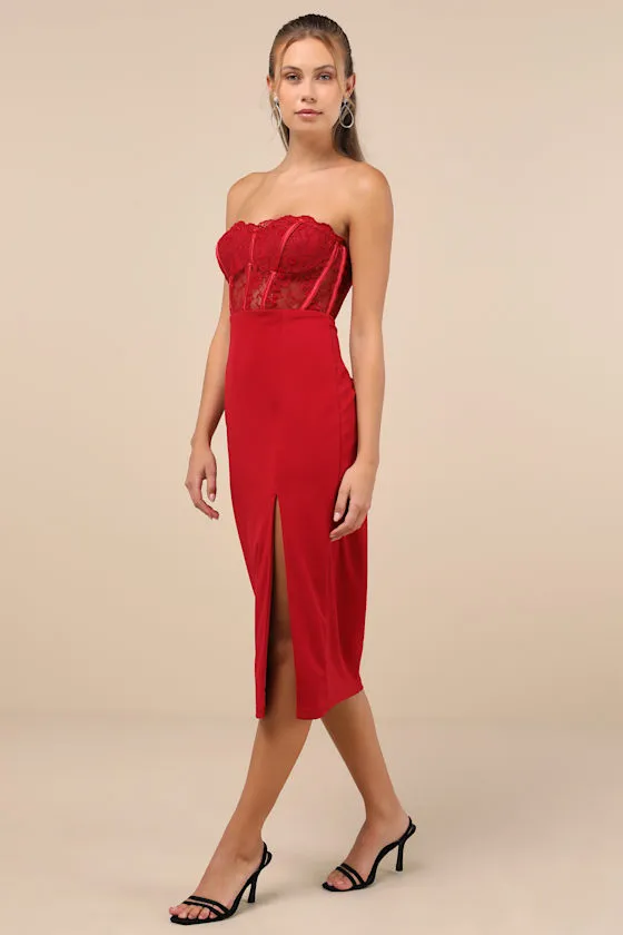 Exquisitely Sultry Wine Red Lace Strapless Bustier Midi Dress sold by Lulus product image thumbnail 3