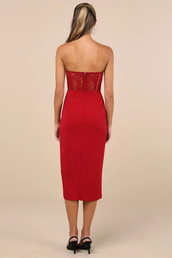 Exquisitely Sultry Wine Red Lace Strapless Bustier Midi Dress sold by Lulus product image thumbnail 4