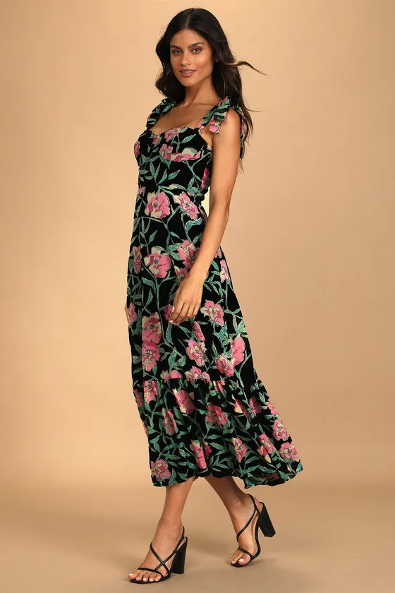 Glorious Garden Black Floral Print Burnout Velvet Maxi Dress sold by Lulus product image thumbnail 2