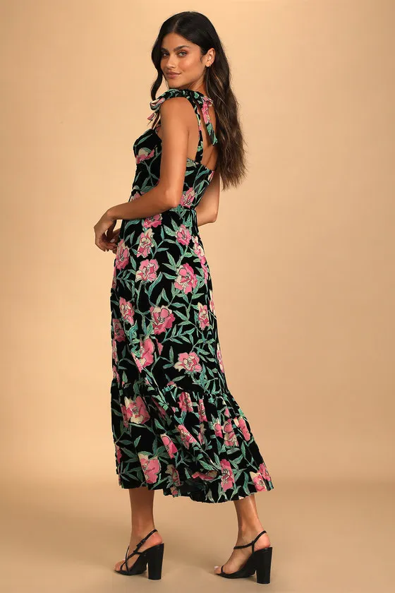 Glorious Garden Black Floral Print Burnout Velvet Maxi Dress sold by Lulus product image thumbnail 4