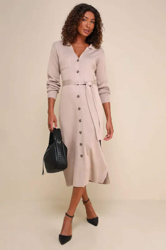 Charming Comfort Beige Collared Button-Up Sweater Dress sold by Lulus