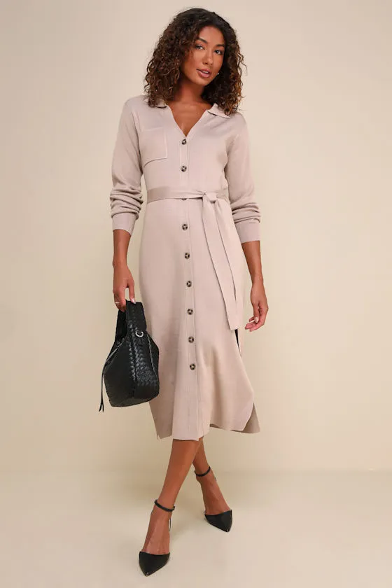 Charming Comfort Beige Collared Button-Up Sweater Dress sold by Lulus