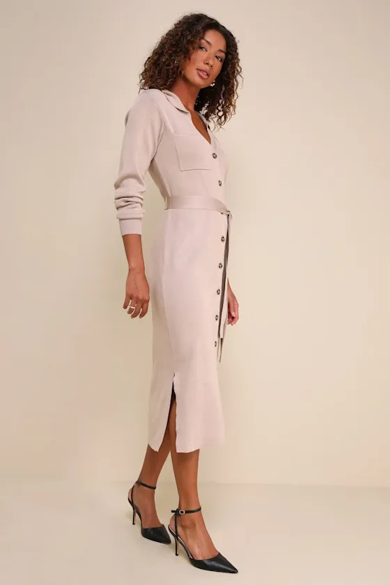 Charming Comfort Beige Collared Button-Up Sweater Dress sold by Lulus product image thumbnail 2