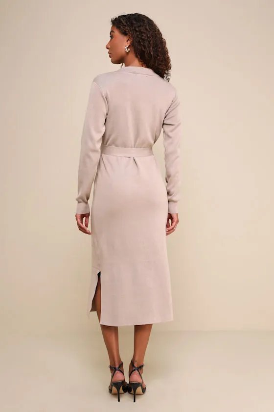 Charming Comfort Beige Collared Button-Up Sweater Dress sold by Lulus product image thumbnail 3