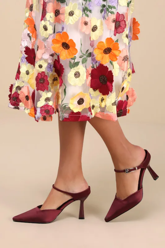 Roslynn Eggplant Satin Pointed-Toe Mule Pumps sold by Lulus