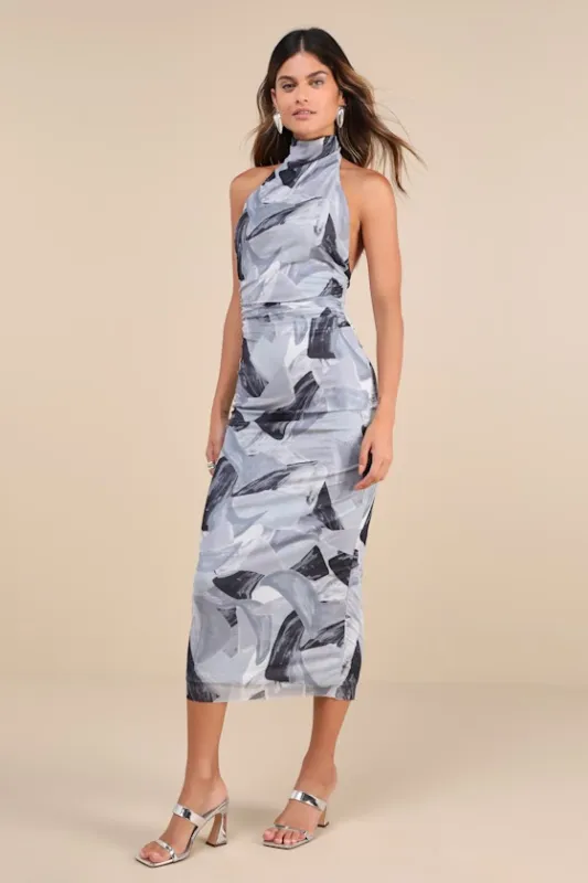 Idyllic in Ibiza Grey Abstract Print Mock Neck Halter Midi Dress sold by Lulus