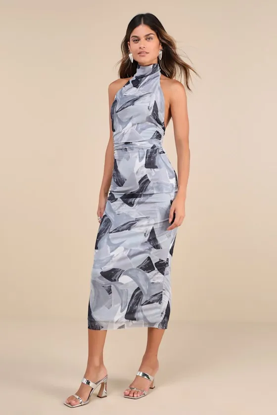 Idyllic in Ibiza Grey Abstract Print Mock Neck Halter Midi Dress sold by Lulus