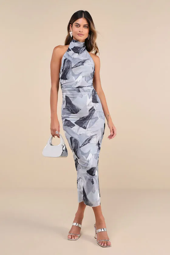 Idyllic in Ibiza Grey Abstract Print Mock Neck Halter Midi Dress sold by Lulus product image thumbnail 3