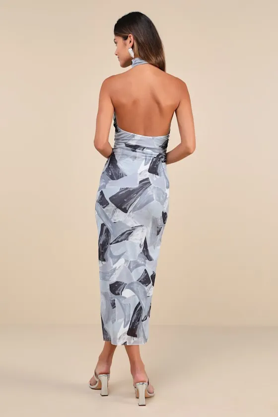 Idyllic in Ibiza Grey Abstract Print Mock Neck Halter Midi Dress sold by Lulus product image thumbnail 4
