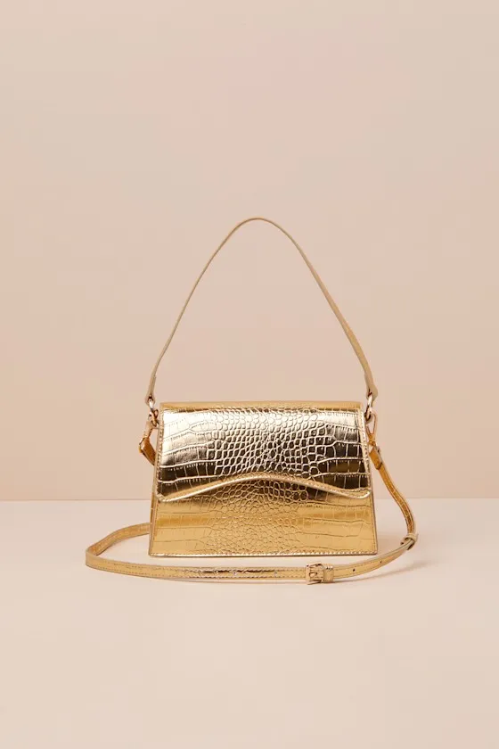 Convincing Glamour Gold Metallic Croc-Embossed Shoulder Bag sold by Lulus product image thumbnail 4