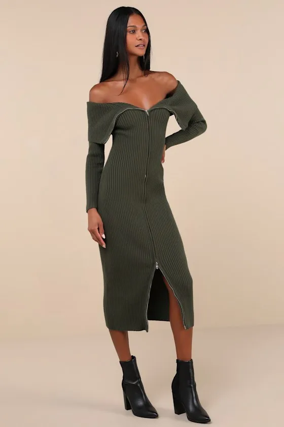Trendy Aura Olive Green Off-the-Shoulder Zip-Front Sweater Dress sold by Lulus