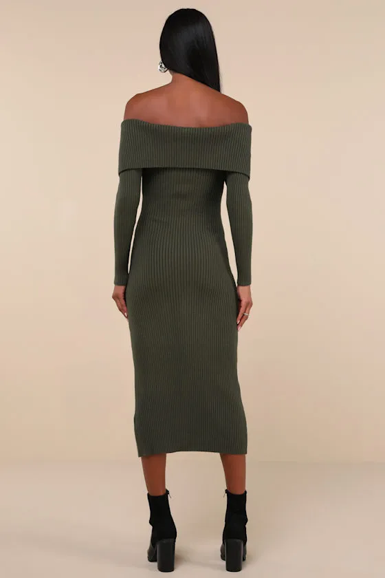 Trendy Aura Olive Green Off-the-Shoulder Zip-Front Sweater Dress sold by Lulus product image thumbnail 2