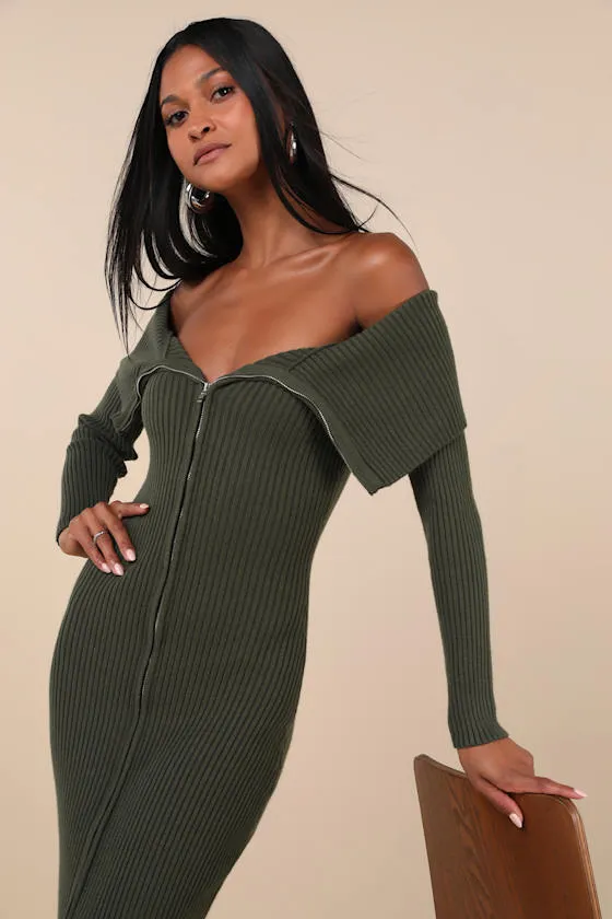 Trendy Aura Olive Green Off-the-Shoulder Zip-Front Sweater Dress sold by Lulus product image thumbnail 3