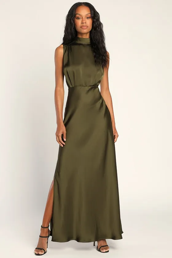 Classic Elegance Olive Satin Sleeveless Mock Neck Maxi Dress sold by Lulus