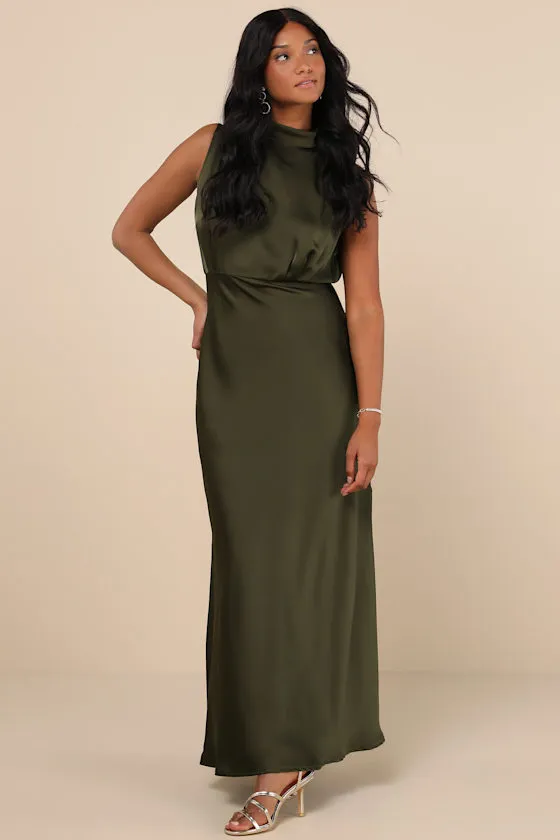 Classic Elegance Olive Satin Sleeveless Mock Neck Maxi Dress sold by Lulus product image thumbnail 2