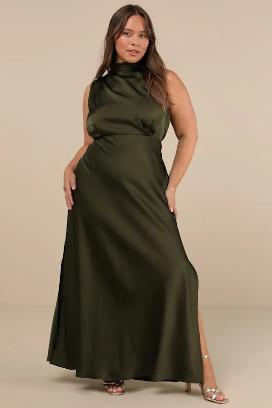 Classic Elegance Olive Satin Sleeveless Mock Neck Maxi Dress sold by Lulus product image thumbnail 3