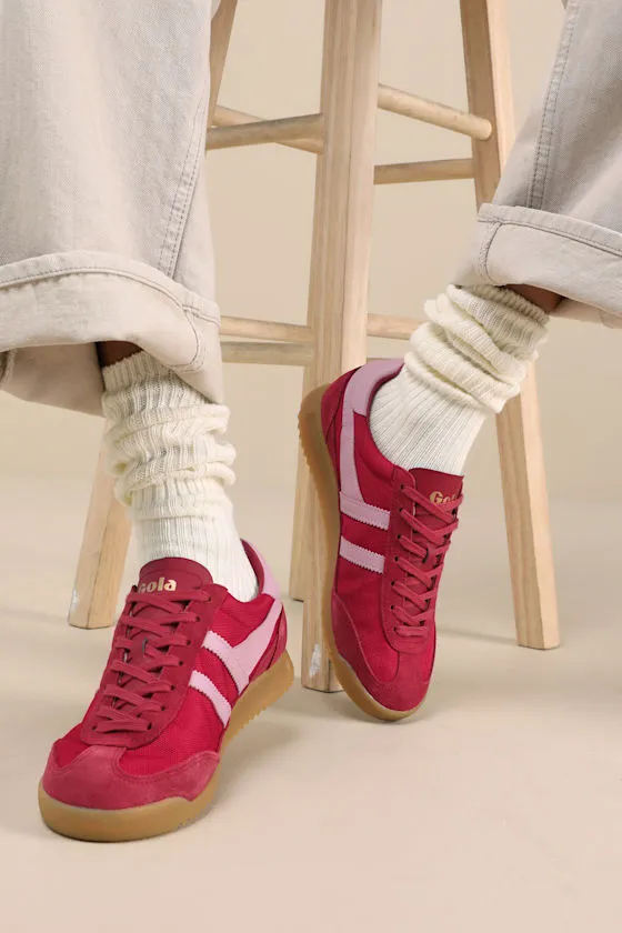 Tornado Deep Red and Candy Color Block Suede Leather Sneakers sold by Lulus