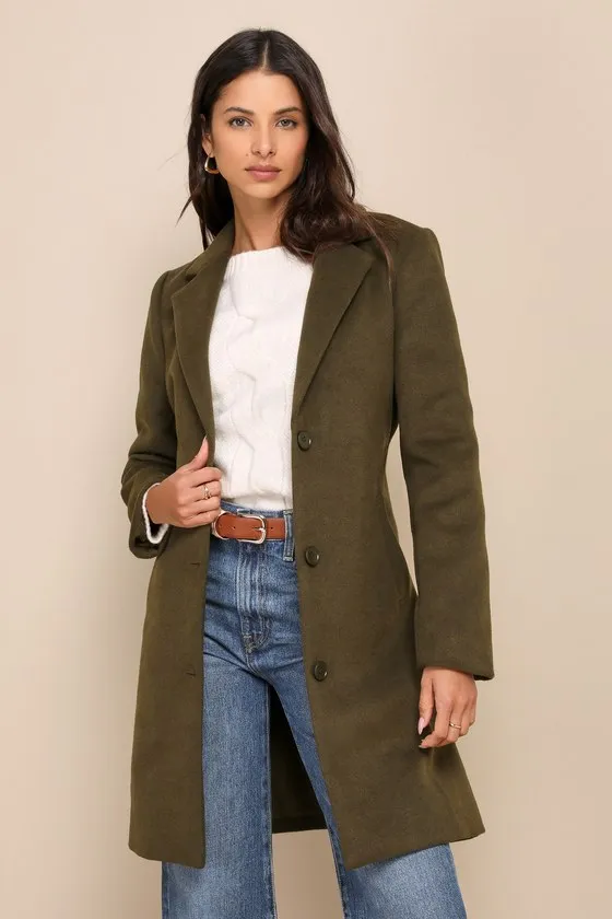 Harriet Olive Green Button-Front Belted Coat sold by Lulus