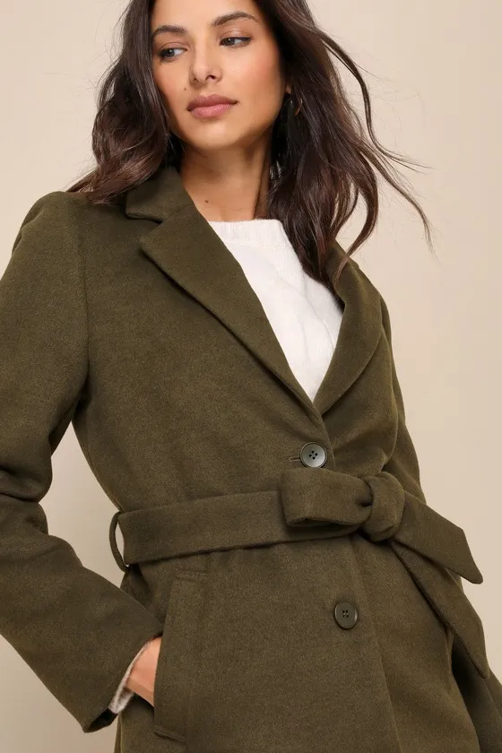 Harriet Olive Green Button-Front Belted Coat sold by Lulus product image thumbnail 4