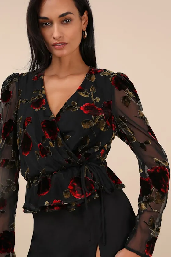 Memorably Poised Black Burnout Floral Surplice Top sold by Lulus