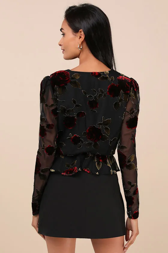 Memorably Poised Black Burnout Floral Surplice Top sold by Lulus product image thumbnail 2