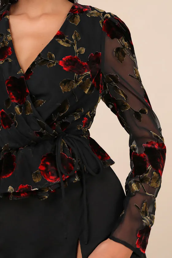 Memorably Poised Black Burnout Floral Surplice Top sold by Lulus product image thumbnail 4