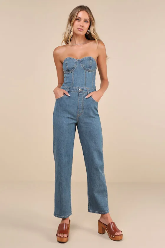Anya Medium Wash Denim Strapless Cropped Bustier Jumpsuit sold by Lulus