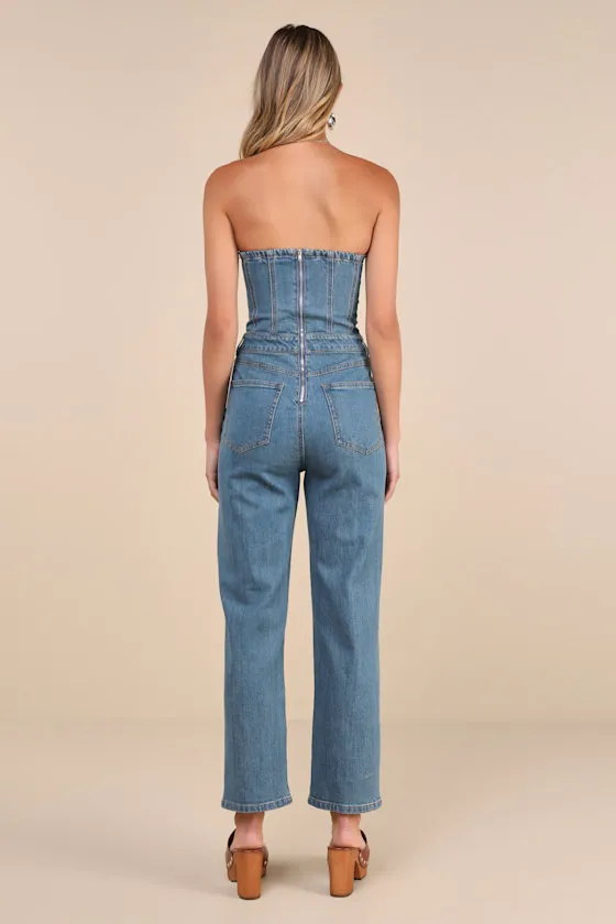 Anya Medium Wash Denim Strapless Cropped Bustier Jumpsuit sold by Lulus product image thumbnail 2