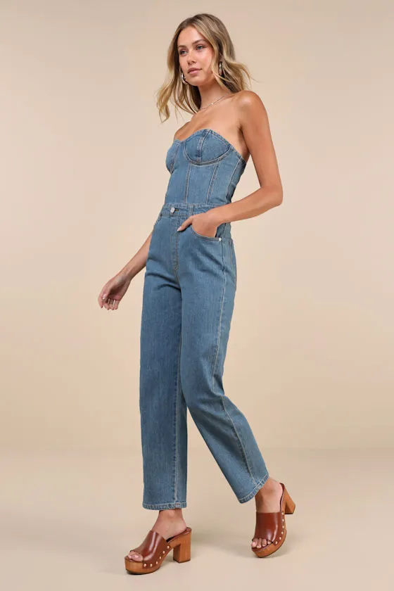 Anya Medium Wash Denim Strapless Cropped Bustier Jumpsuit sold by Lulus product image thumbnail 3