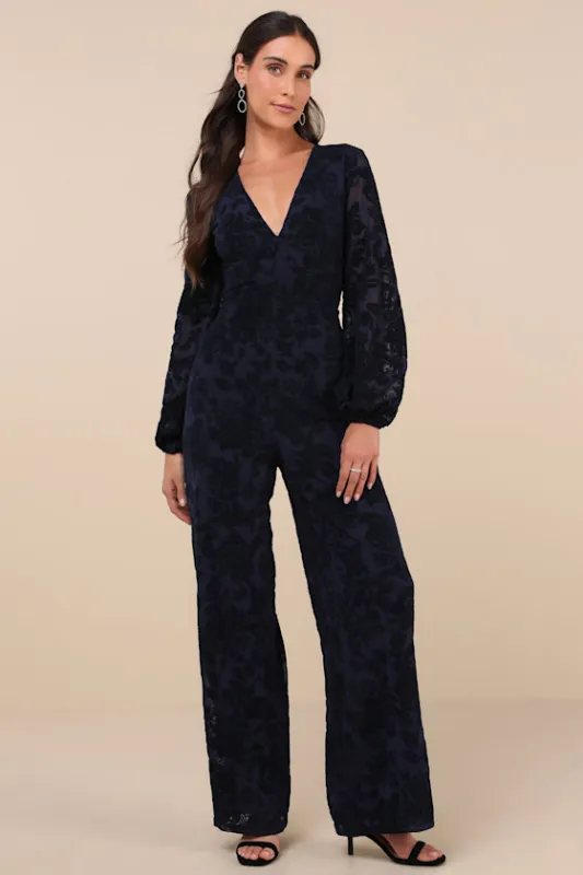 Majorly Ethereal Navy Velvet Burnout Long Sleeve Jumpsuit sold by Lulus