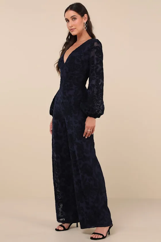 Majorly Ethereal Navy Velvet Burnout Long Sleeve Jumpsuit sold by Lulus product image thumbnail 2