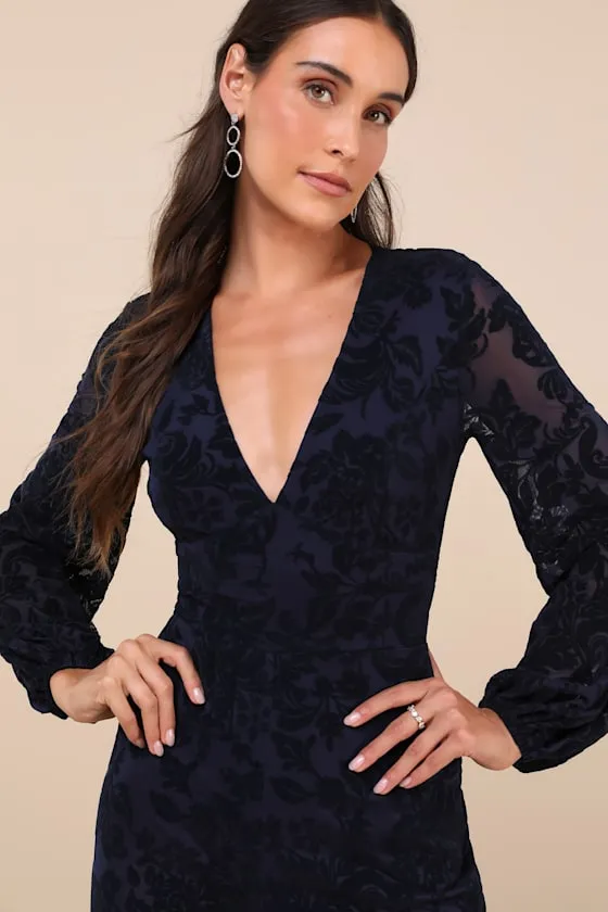 Majorly Ethereal Navy Velvet Burnout Long Sleeve Jumpsuit sold by Lulus product image thumbnail 3
