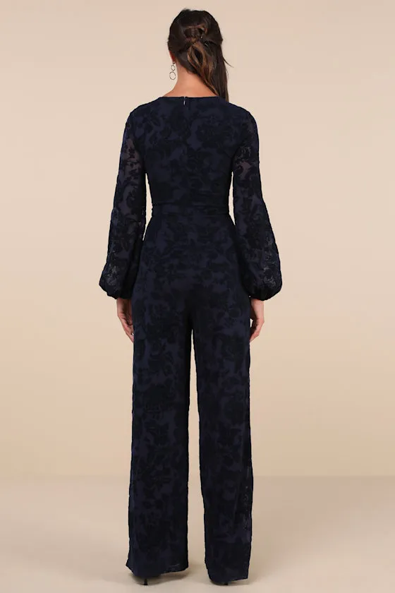 Majorly Ethereal Navy Velvet Burnout Long Sleeve Jumpsuit sold by Lulus product image thumbnail 4