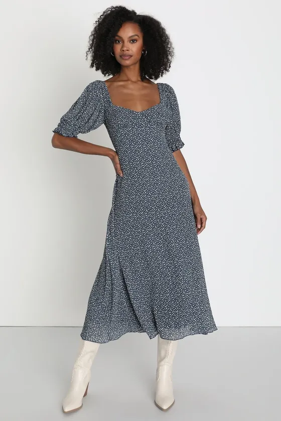 Perfect Aura Blue Floral Print Plisse Tie-Back Midi Dress sold by Lulus