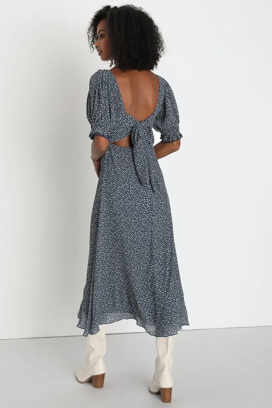 Perfect Aura Blue Floral Print Plisse Tie-Back Midi Dress sold by Lulus product image thumbnail 2