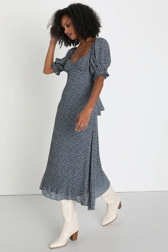 Perfect Aura Blue Floral Print Plisse Tie-Back Midi Dress sold by Lulus product image thumbnail 3