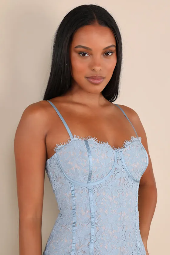 Enchanting Silhouette Slate Blue Lace Bustier Mini Dress sold by Lulus product image thumbnail 4
