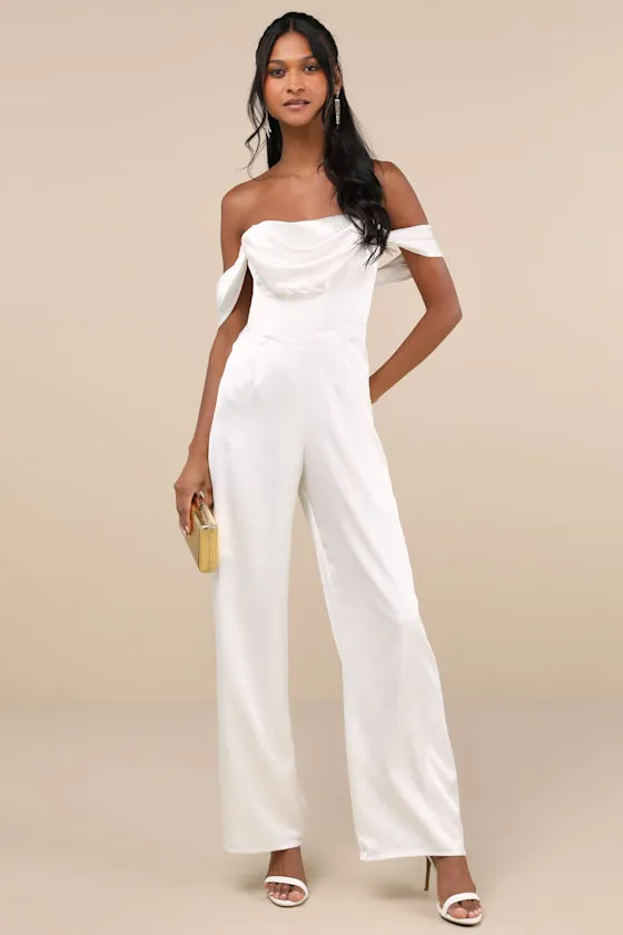 Unbelievable Aura White Satin Off-the-Shoulder Jumpsuit sold by Lulus